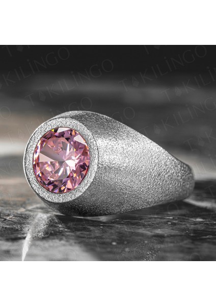 925 Ayar Gümüş Yuvarlak Pembe Zirkon Taşlı Sade Erkek Yüzük
