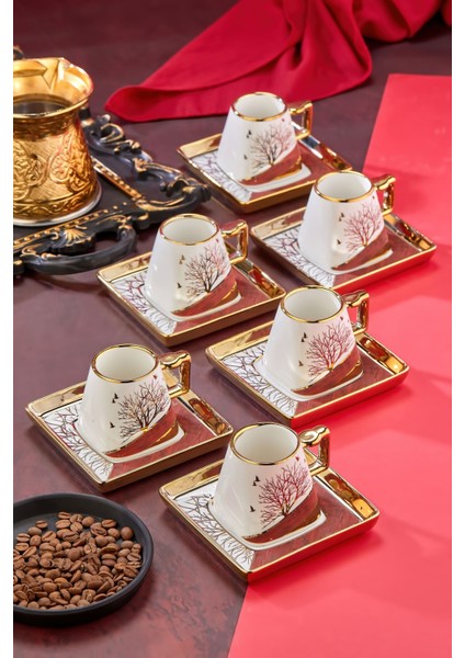 Yaldızlı 6'lı 180 ml Neskafe Fincan Takımı – Kare Tabaklı Lüks Porselen Büyük Kahve Fincanı – Modern Hediyelik Set