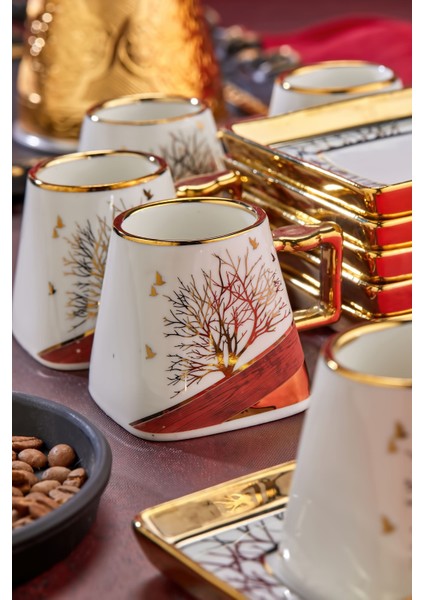 Yaldızlı 6'lı 180 ml Neskafe Fincan Takımı – Kare Tabaklı Lüks Porselen Büyük Kahve Fincanı – Modern Hediyelik Set