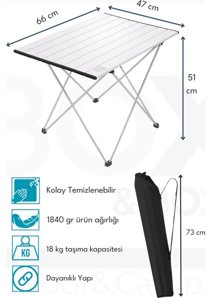 Alüminyum, Katlanabilir Kamp ve Piknik Masası, Omuz Askılı Taşıma Çantasıyla Abk B47X66X51 cm