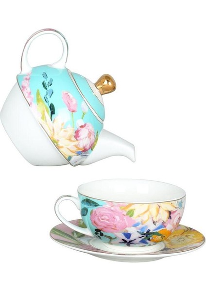 Peony Desenli Bone China Porselen Tek Kişilik Demlik Fincan Seti LYBA044