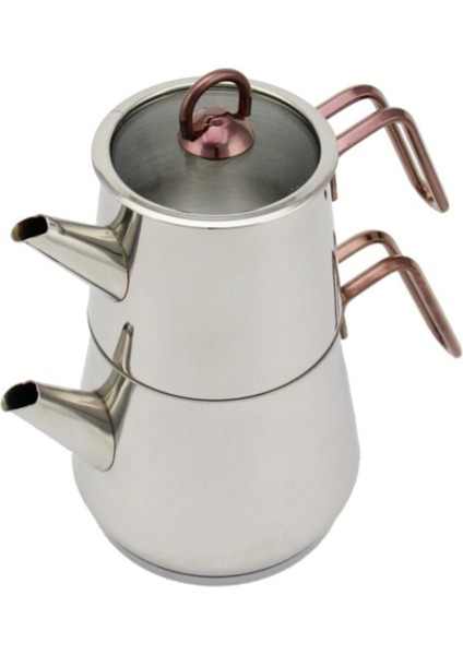 Minik Metal Kulplu Paslanmaz Çelik Çaydanlık, Şık ve Dayanıklı Tasarım, Bakır Detaylı