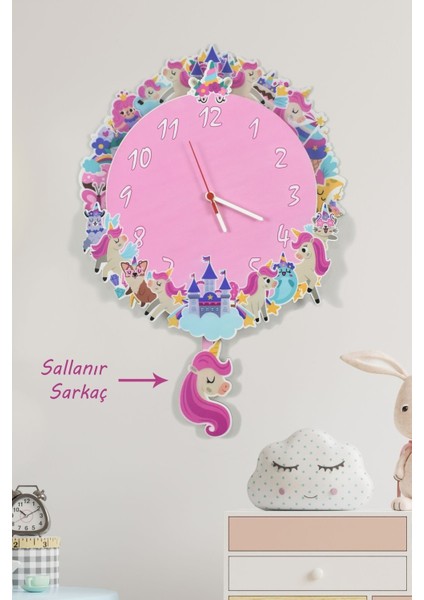 3 Boyutlu Sihirli Unicorn Çocuk Odası Ahşap Duvar Saati