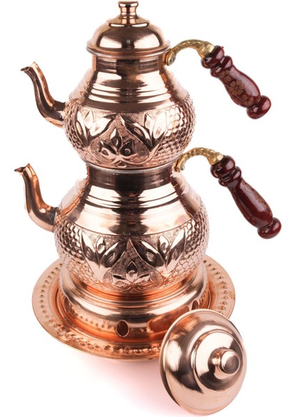 Bakır İşlemeli Lale Çaydanlık Kalın Sac - Ocaklı