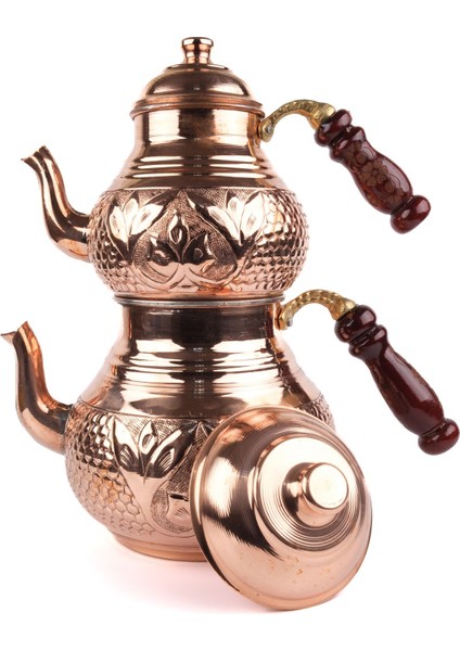 Bakır İşlemeli Lale Çaydanlık Kalın Sac - Ocaklı
