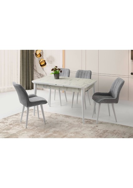Kelebek Marmo Ahşap Salon Yemek Masa Fulya Sandalye Takımı 4 Sandalyeli Ortadan Açılır Büyüyen 90 x 160 cm Mermer Desen