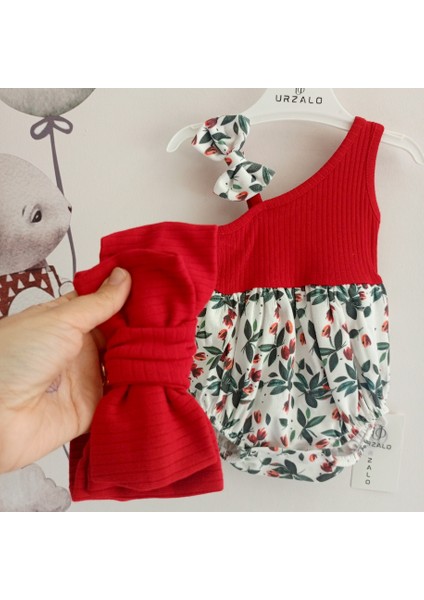 Fiyonk Detaylı Çiçekli Bandanalı Kız Bebek Romper