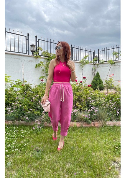 Beli Lastikli Ip Detaylı Salvar Kesim Pantolon Pembe