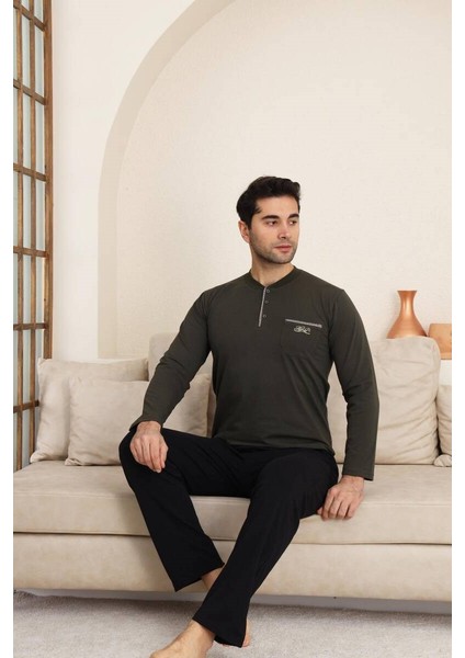 Erkek Bisiklet Yaka 3 Düğmeli Göğüs Cepli Pamuk Likra Mevsimlik Uzun Kol Pijama Takımı