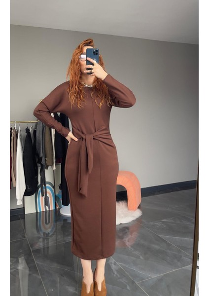 Yandan Bağlama Detaylı Elbise Kahve modelleri