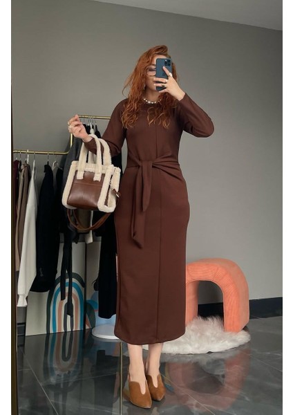 Yandan Bağlama Detaylı Elbise Kahve indirimleri