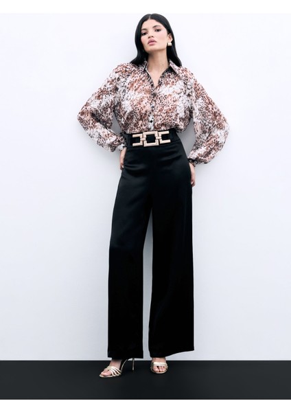 Bel Kemerli Saten Krep Pantolon - Siyah