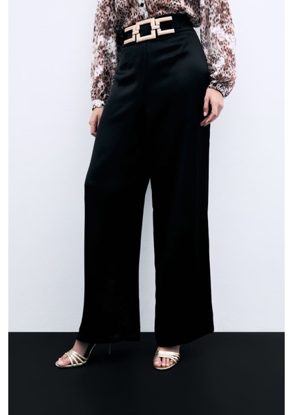 Bel Kemerli Saten Krep Pantolon - Siyah