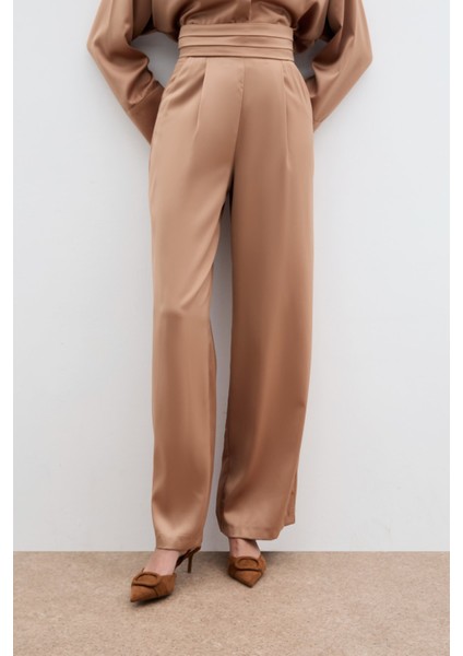 Cepli Salaş Saten Pantolon - Camel