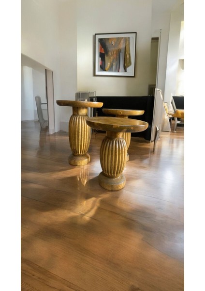 Wood Wooden Ahşap 3’lü Set Mantar Yan Sehpa Modern Tütün Renk Fiskos