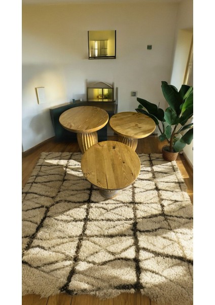 Wood Wooden Ahşap 3’lü Set Mantar Yan Sehpa Modern Tütün Renk Fiskos modelleri
