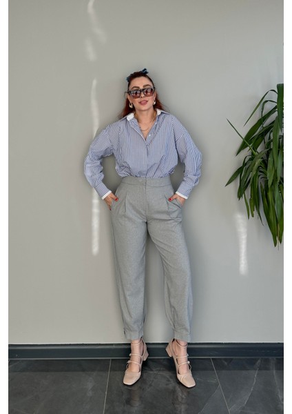 Yüksek Bel Paçası Düğme Detaylı Gri Pantolon modelleri
