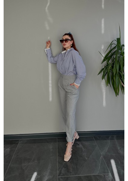 Yüksek Bel Paçası Düğme Detaylı Gri Pantolon fırsatları