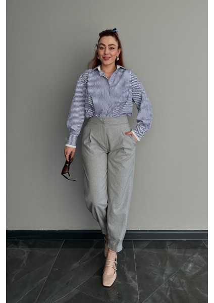 Yüksek Bel Paçası Düğme Detaylı Gri Pantolon indirimleri