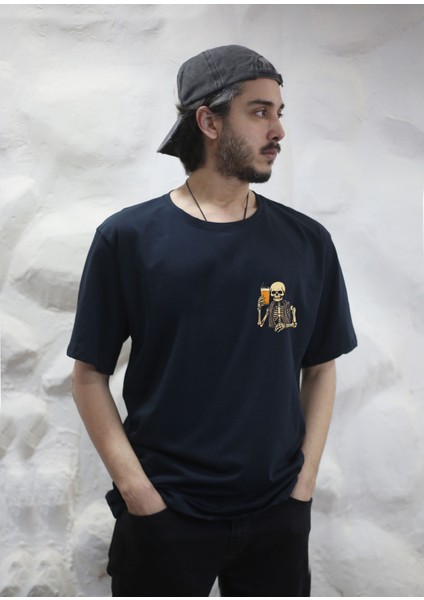 Bira Içen Iskelet Baskılı Bisiklet Yaka Oversize Lacivert Tişört T-Shirt