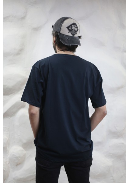 Bira Içen Iskelet Baskılı Bisiklet Yaka Oversize Lacivert Tişört T-Shirt