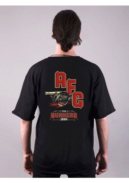 Gunners Baskılı Bisiklet Yaka Oversize Çift Taraflı Siyah Tişört T-Shirt