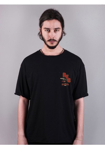 Gunners Baskılı Bisiklet Yaka Oversize Çift Taraflı Siyah Tişört T-Shirt