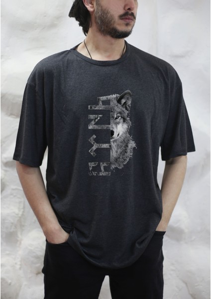 Türk Bozkurt Kurt Baskılı Bisiklet Yaka Oversize Antrasit Tişört T-Shirt