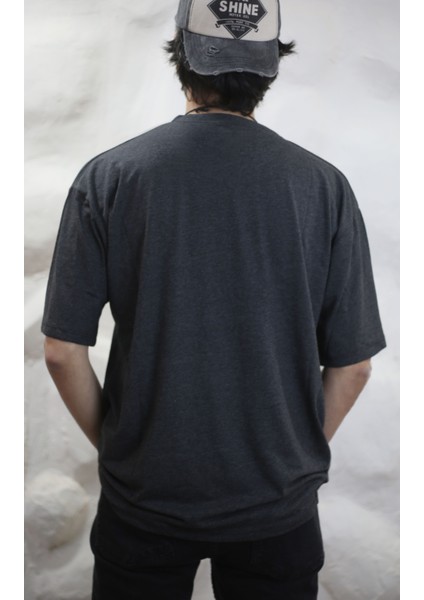 Türk Bozkurt Kurt Baskılı Bisiklet Yaka Oversize Antrasit Tişört T-Shirt