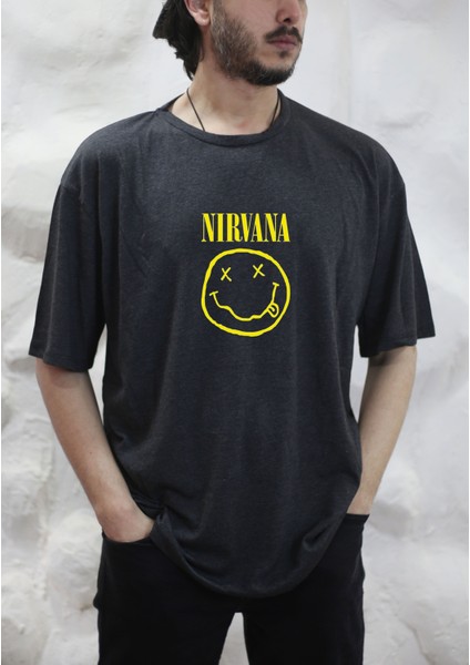 Nirvana Müzik Grubu Baskılı Bisiklet Yaka Oversize Antrasit Tişört T-Shirt