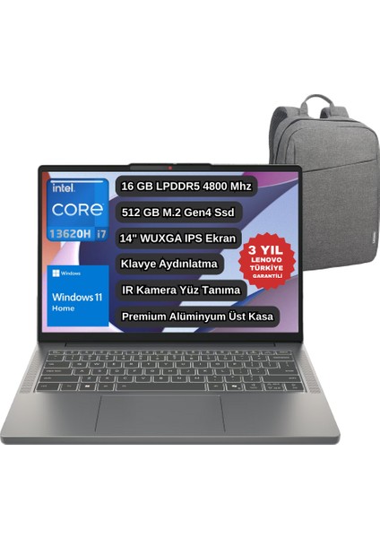 Ip Slim 3 14IRH10 Intel I7 13620H 16GB 512GB SSD 14" Wuxga Windows 11 Home Taşınabilir Bilgisayar 83K0002ATR - Lenovo Çanta Wz1