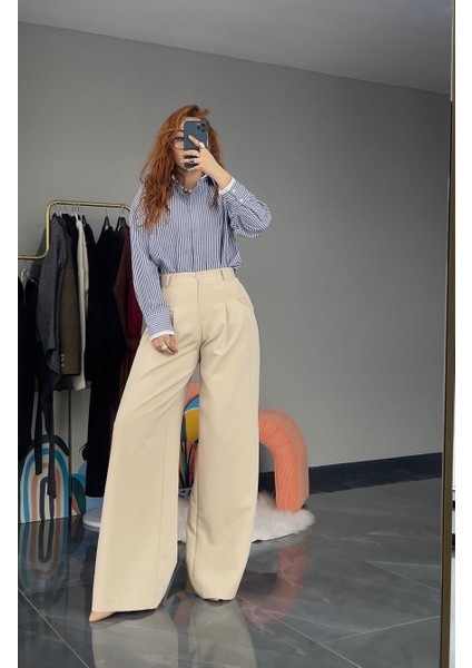 Yüksek Bel Krem Pantolon