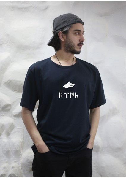 Türk Bozkurt Baskılı Bisiklet Yaka Oversize Lacivert Tişört T-Shirt