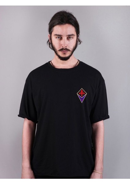 Acf Fiorentina Futbol Baskılı Bisiklet Yaka Oversize Çift Taraflı Siyah Tişört T-Shirt