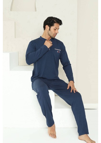 Erkek Bisiklet Yaka 3 Düğmeli Göğüs Cepli Pamuk Likra Mevsimlik Uzun Kol Pijama Takımı