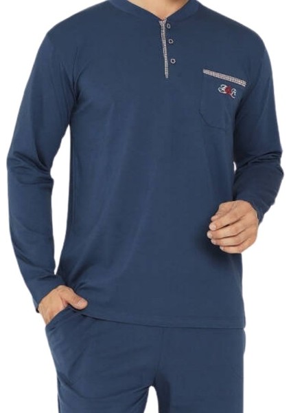 Erkek Bisiklet Yaka 3 Düğmeli Göğüs Cepli Pamuk Likra Mevsimlik Uzun Kol Pijama Takımı fiyatları