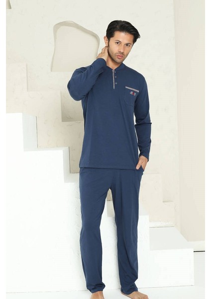Erkek Bisiklet Yaka 3 Düğmeli Göğüs Cepli Pamuk Likra Mevsimlik Uzun Kol Pijama Takımı fırsatları
