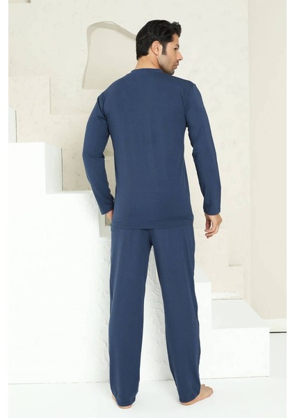 Erkek Bisiklet Yaka 3 Düğmeli Göğüs Cepli Pamuk Likra Mevsimlik Uzun Kol Pijama Takımı indirimleri