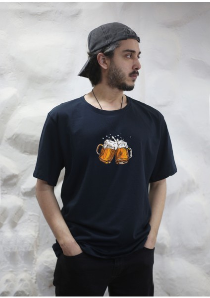 Beer Bira Cheers Baskılı Bisiklet Yaka Oversize Lacivert Tişört T-Shirt