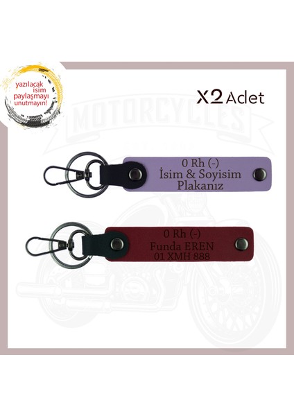 Mor Menekşe-Bordo, Motorcuya Özel, Isim Plaka ve 0 Rh (-) Kan Grubu Yazılı Özel Üretim X2 Anahtarlık