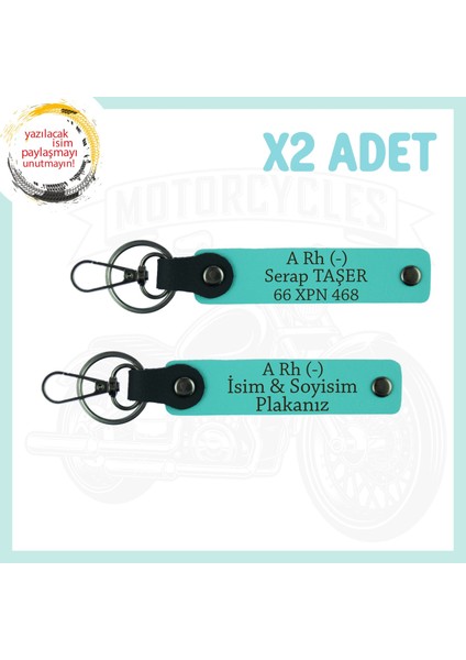 Turkuaz, Motor Plaka ve Isim Anahtarlığında! Isim Plaka ve A Rh (-) Kan Grubu Yazılı 2'li Anahtarlık