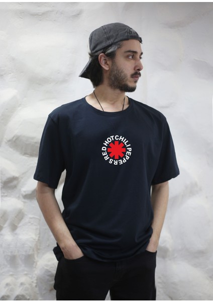 Red Hot Chili Peppers Baskılı Bisiklet Yaka Oversize Lacivert Tişört T-Shirt