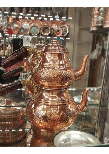 El Yapımı Bakır Demlik, Lale Desenli, 2.7L, Aile Boy, Kalaylı, Mat, Metalik Renk