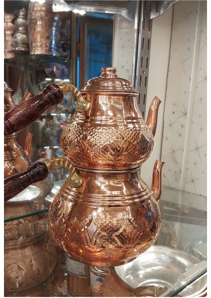 El Yapımı Bakır Demlik, Lale Desenli, 2.7L, Aile Boy, Kalaylı, Mat, Metalik Renk modelleri