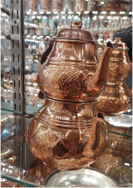 El Yapımı Bakır Demlik, Lale Desenli, 2.7L, Aile Boy, Kalaylı, Mat, Metalik Renk indirimleri