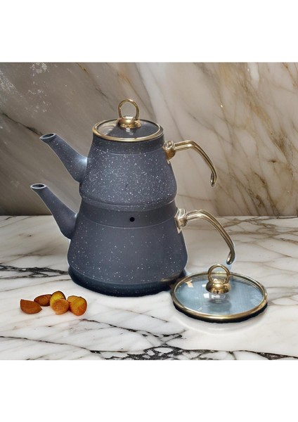 Çift Kapak Gold Kulp Granit Çaydanlık Takımı, Aile Boy Granit Çaydanlık Seti - Gri Sade