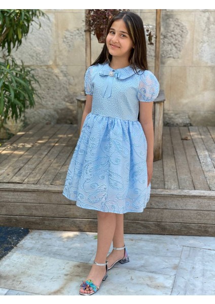 kız Çocuk Eteği Kabarık Doğum Günü Bayramlık Abiye Mavi Elbise