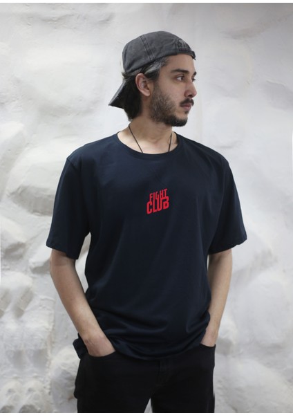 Fight Club Dövüş Klübü Baskılı Bisiklet Yaka Oversize Lacivert Tişört T-Shirt