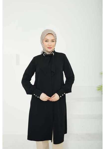 Trend Yeni Sezon Gizli Düğmeli Fularlı Medine Ipeği Basic Tunik