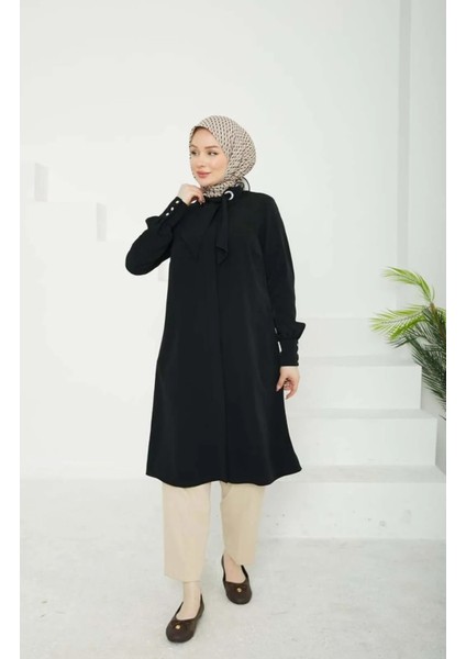 Trend Yeni Sezon Gizli Düğmeli Fularlı Medine Ipeği Basic Tunik